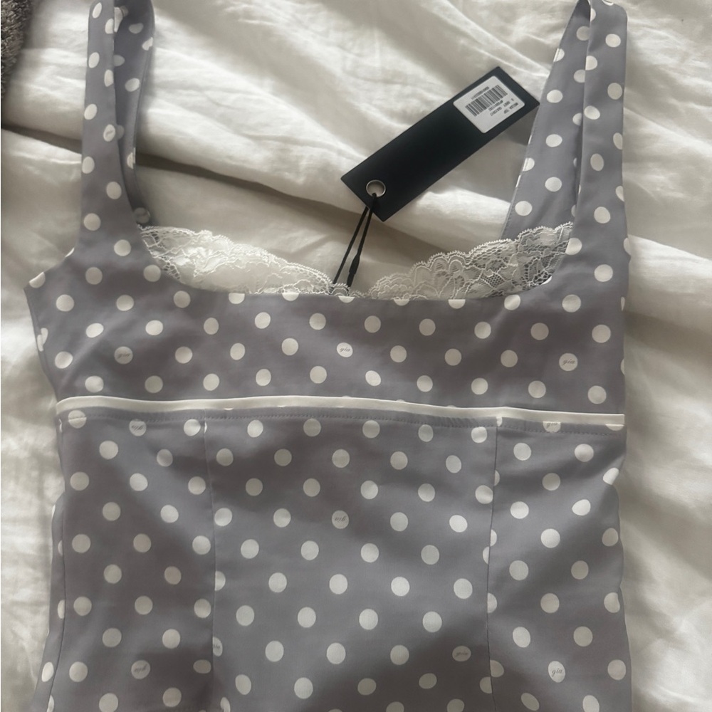 I.AM.GIA Gray Polka Dot Lace-Trim Top